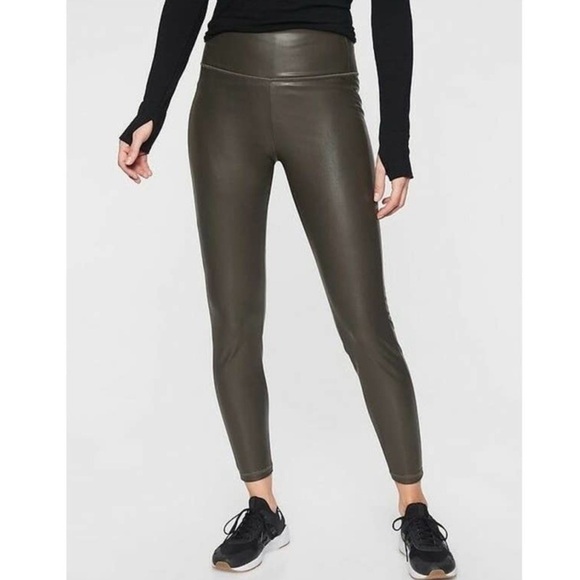 Athleta All Over Gleam Tight Leggings Green Faux Leather Upper Size M Petite - Picture 1 of 10